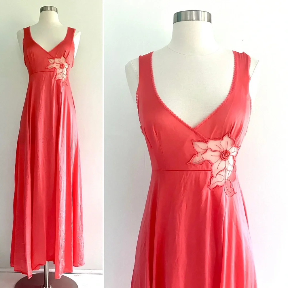 Vintage 70’s coral red orange lace flower slip gown dress & robe jacket set - Picture 2 of 16